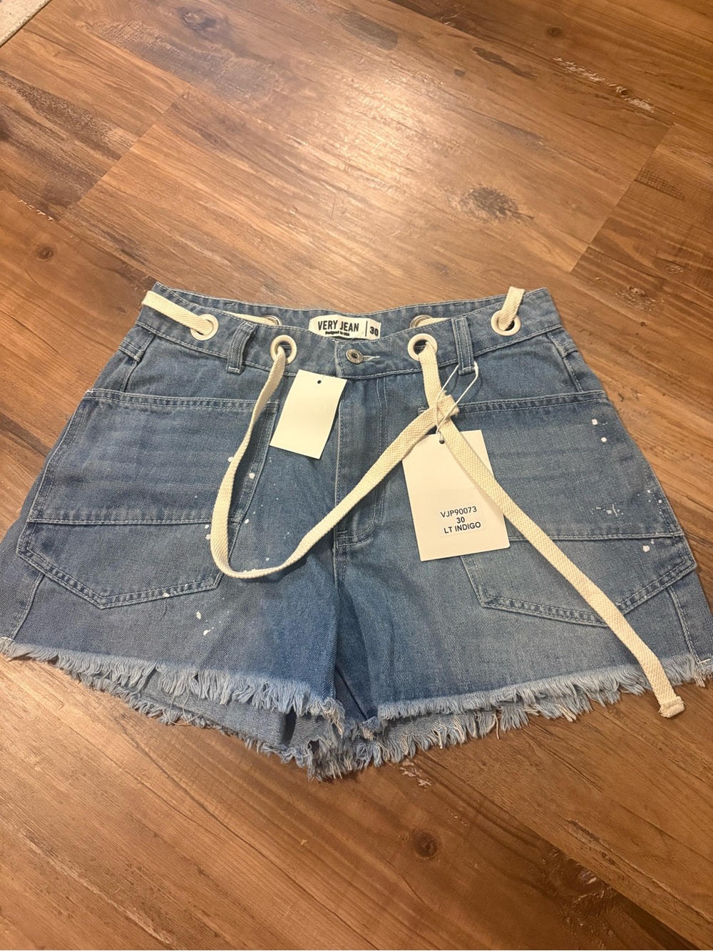 Very J Light Indigo Jean Shorts with Drawstring Belt